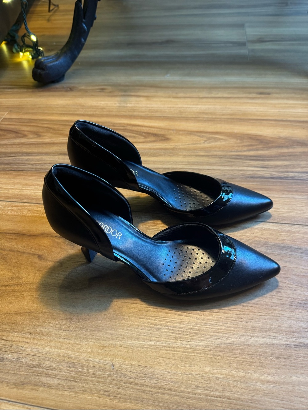 Jenn Ardor Black Pointed D'Orsay Mid-Heel Pumps with Patent Trim